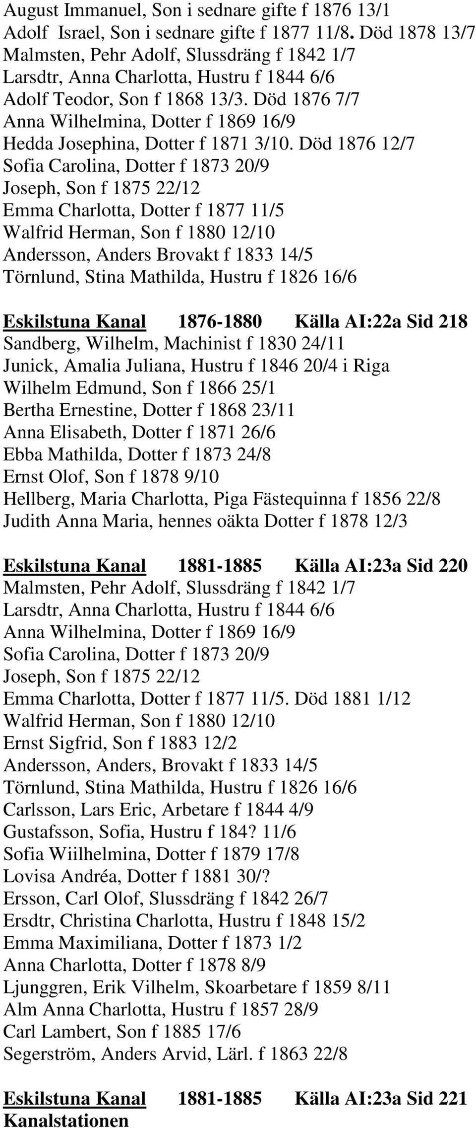 Död 1876 7/7 Anna Wilhelmina, Dotter f 1869 16/9 Hedda Josephina, Dotter f 1871 3/10.