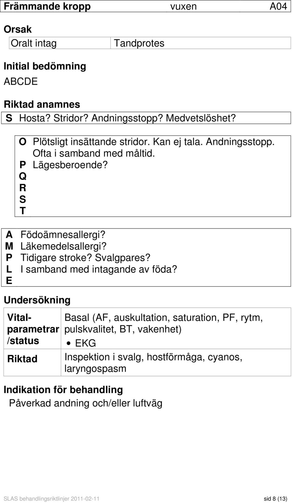 P Tidigare stroke? Svalgpares? L I samband med intagande av föda?