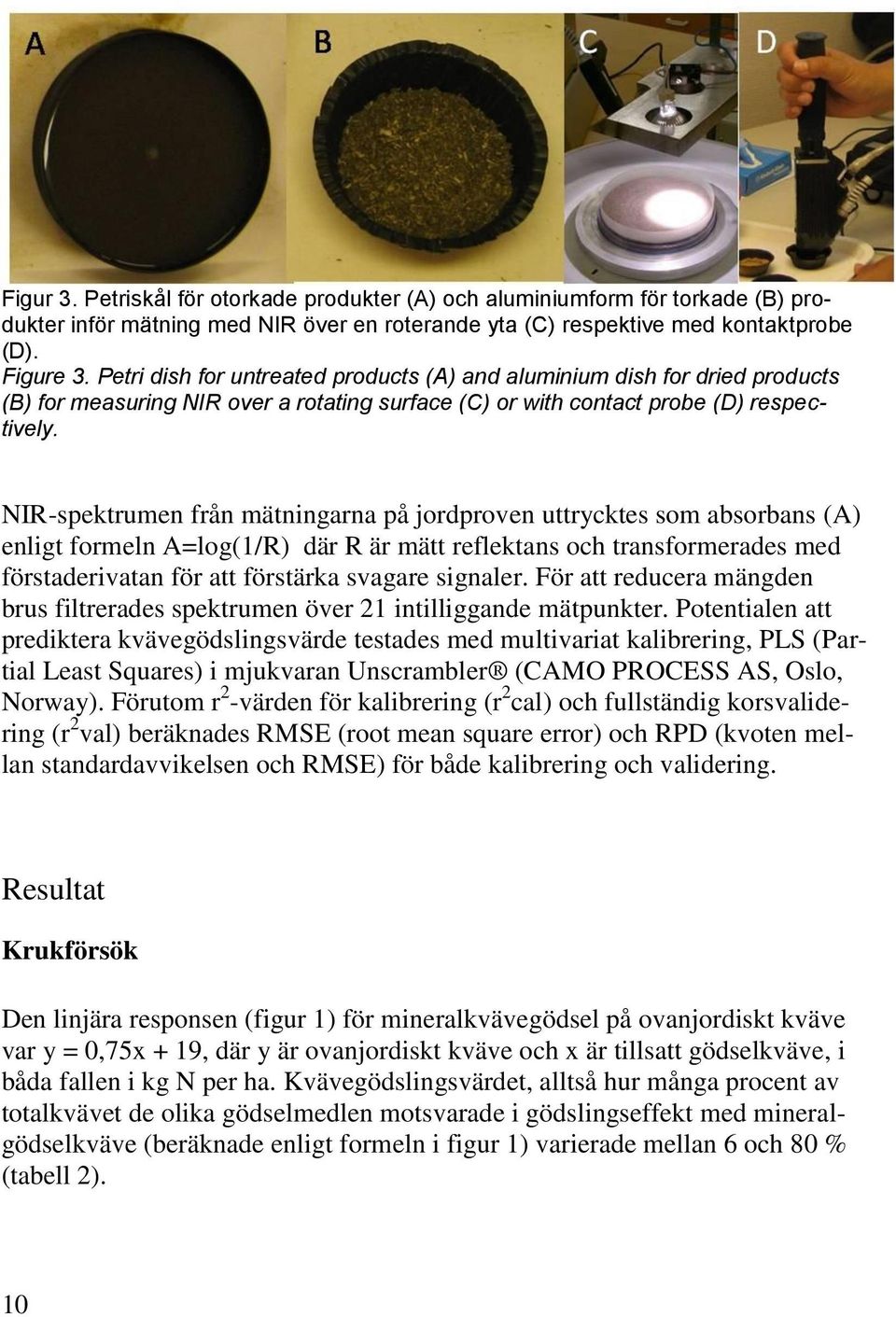 NIR-spektrumen från mätningarna på jordproven uttrycktes som absorbans (A) enligt formeln A=log(1/R) där R är mätt reflektans och transformerades med förstaderivatan för att förstärka svagare