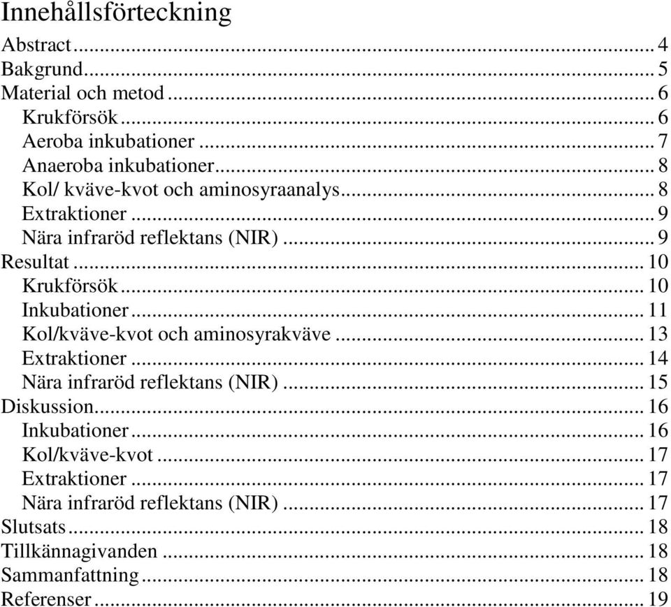 .. 11 Kol/kväve-kvot och aminosyrakväve... 13 Extraktioner... 14 Nära infraröd reflektans (NIR)... 15 Diskussion... 16 Inkubationer.