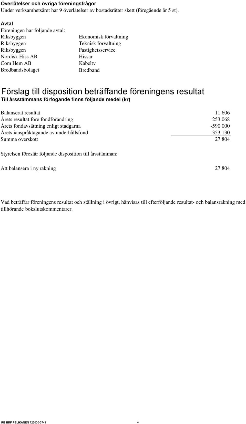 Förslag till disposition beträffande föreningens resultat Till årsstämmans förfogande finns följande medel (kr) Balanserat resultat Årets resultat före fondförändring Årets fondavsättning enligt