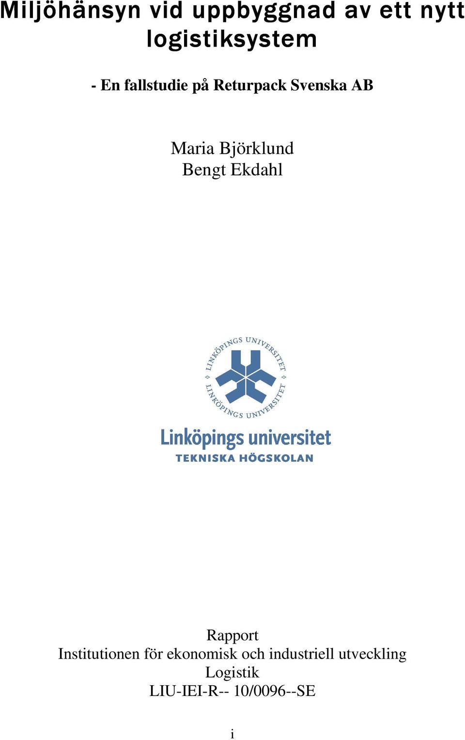 Björklund Bengt Ekdahl Rapport Institutionen för