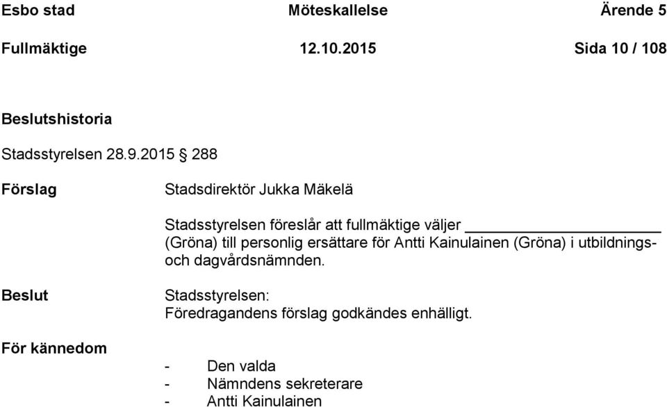 personlig ersättare för Antti Kainulainen (Gröna) i utbildningsoch dagvårdsnämnden.