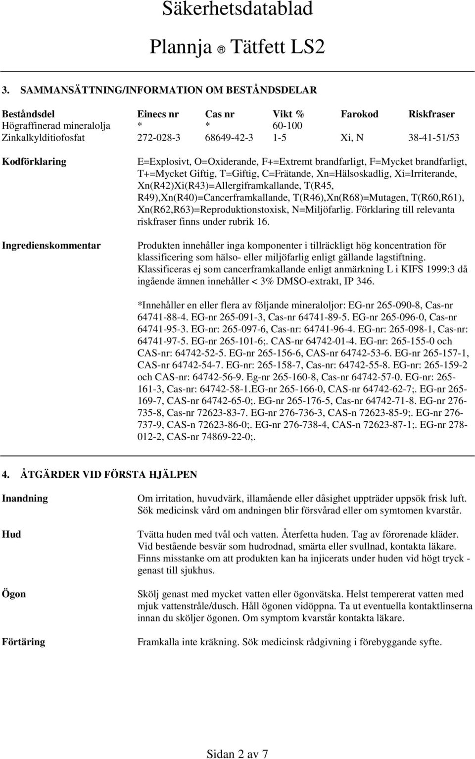 Xn(R42)Xi(R43)=Allergiframkallande, T(R45, R49),Xn(R40)=Cancerframkallande, T(R46),Xn(R68)=Mutagen, T(R60,R61), Xn(R62,R63)=Reproduktionstoxisk, N=Miljöfarlig.