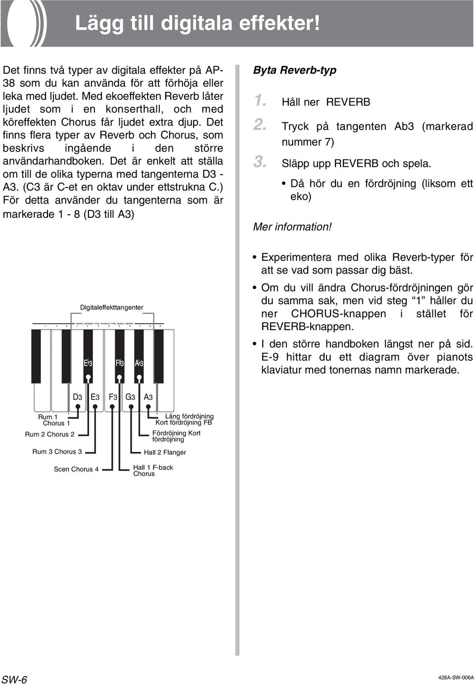 Det finns flera typer av Reverb och Chorus, som beskrivs ingående i den större användarhandboken. Det är enkelt att ställa om till de olika typerna med tangenterna D3 - A3.