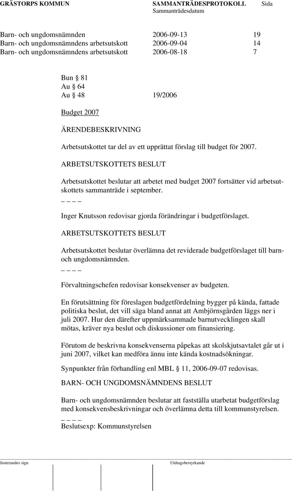 ARBETSUTSKOTTETS BESLUT Arbetsutskottet beslutar att arbetet med budget 2007 fortsätter vid arbetsutskottets sammanträde i september. Inger Knutsson redovisar gjorda förändringar i budgetförslaget.