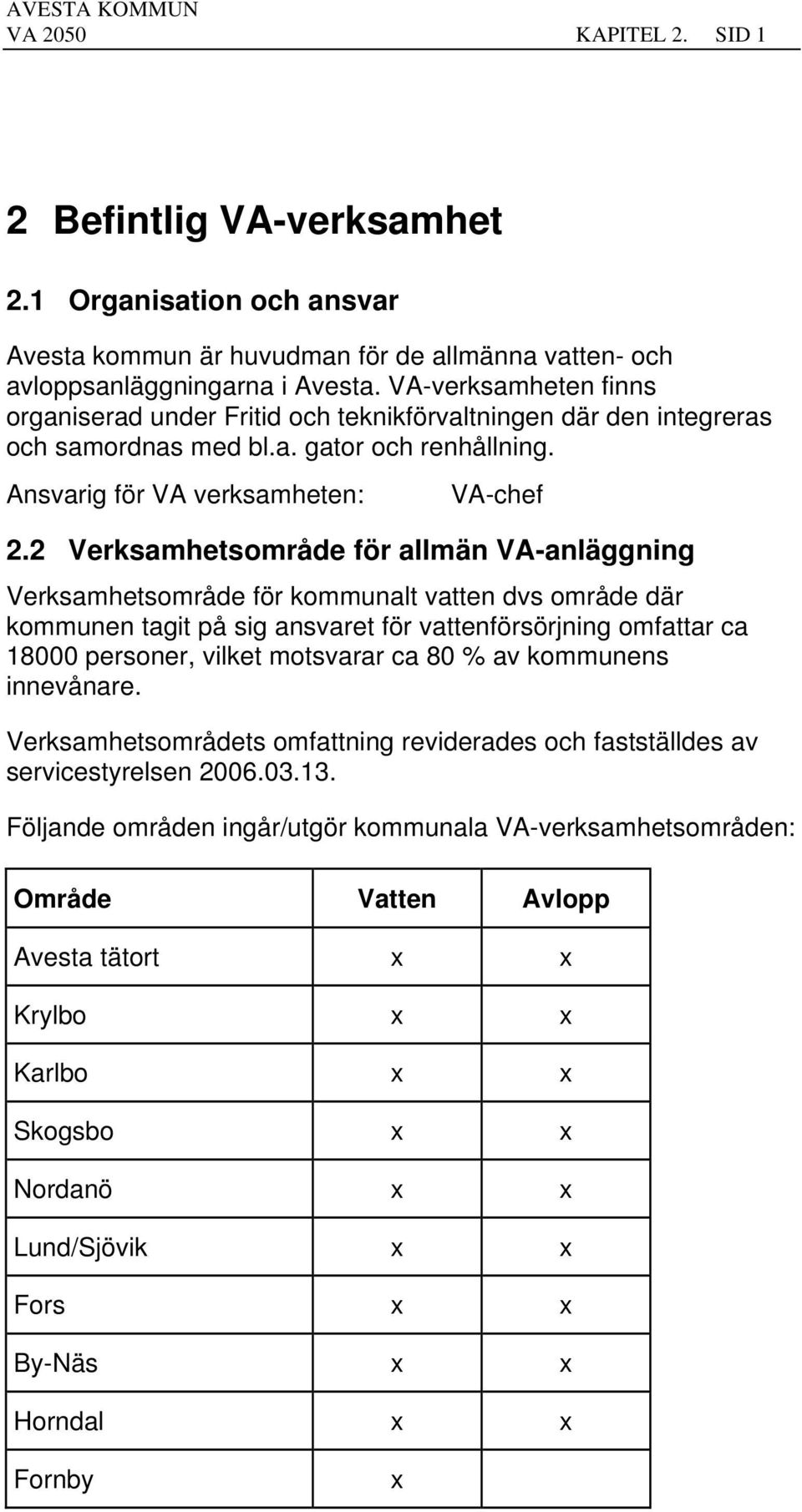 2 Verksamhetsområde för allmän VA-anläggning Verksamhetsområde för kommunalt vatten dvs område där kommunen tagit på sig ansvaret för vattenförsörjning omfattar ca 18000 personer, vilket motsvarar ca