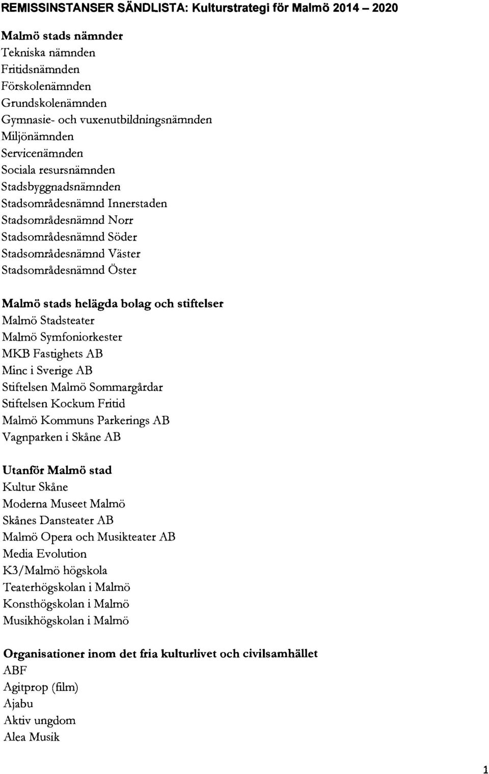 Malmö stads helägda bolag och stiftelser Malmö Stadsteater Malmö Symfoniorkester MKB Fastighets AB Mine i Sverige AB Stiftelsen Malmö Sommargårdar Stiftelsen Kockum Fritid Malmö Kommuns Parkerings AB