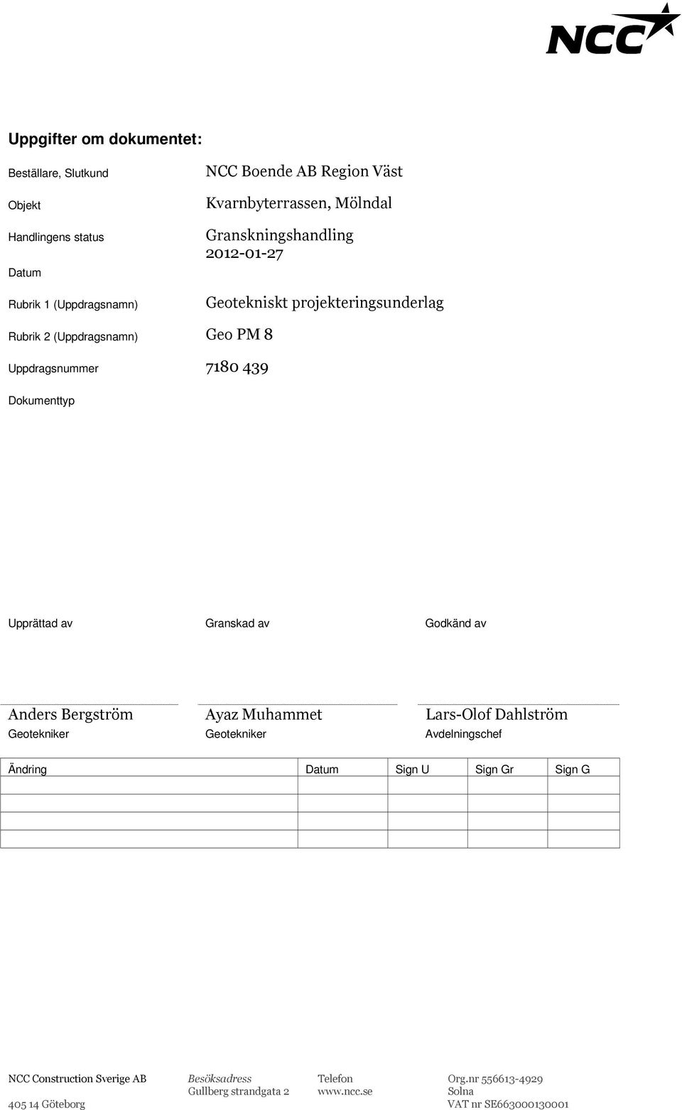 Upprättad av Granskad av Godkänd av Anders Bergström Ayaz Muhammet Lars-Olof Dahlström Geotekniker Geotekniker Avdelningschef Ändring Datum Sign U