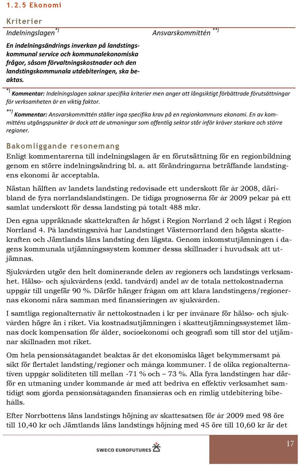 **) Kommentar: Ansvarskommittén ställer inga specifika krav på en regionkommuns ekonomi.