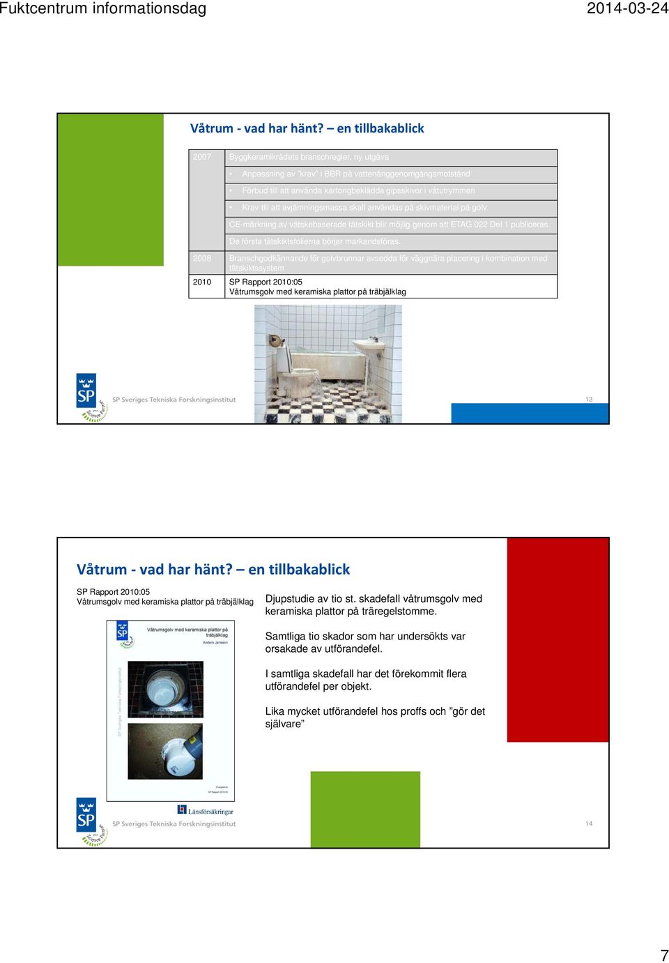 2008 Branschgodkännande för golvbrunnar avsedda för väggnära placering i kombination med tätskiktssystem 2010 SP Rapport 2010:05 Våtrumsgolv med keramiska plattor på träbjälklag 13 SP Rapport 2010:05