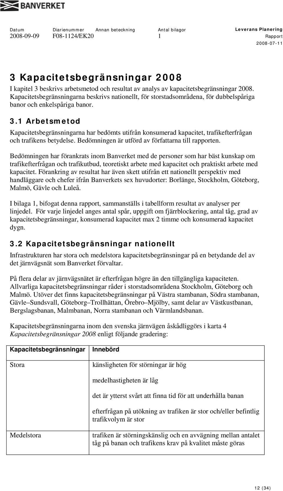 1 Arbetsmetod Kapacitetsbegränsningarna har bedömts utifrån konsumerad kapacitet, trafikefterfrågan och trafikens betydelse. Bedömningen är utförd av författarna till rapporten.