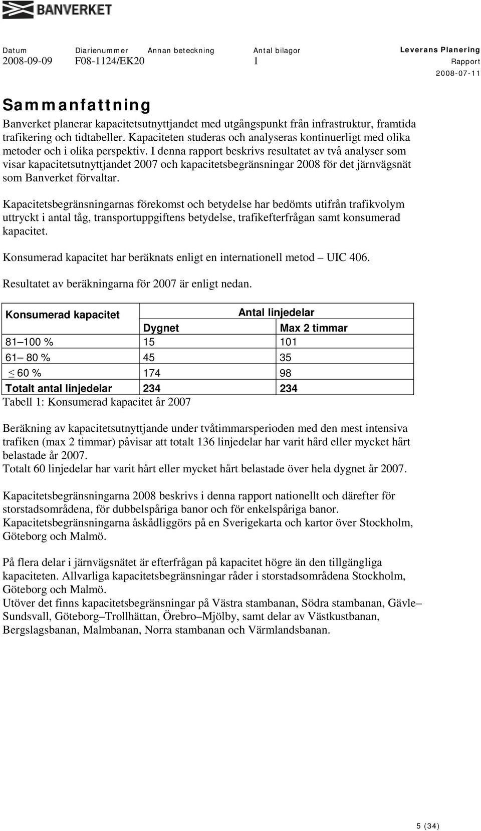 I denna rapport beskrivs resultatet av två analyser som visar kapacitetsutnyttjandet 2007 och kapacitetsbegränsningar 2008 för det järnvägsnät som Banverket förvaltar.