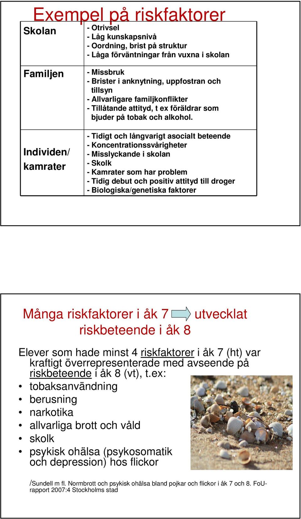 - Tidigt och långvarigt asocialt beteende - Koncentrationssvårigheter - Misslyckande i skolan - Skolk - Kamrater som har problem - Tidig debut och positiv attityd till droger - Biologiska/genetiska