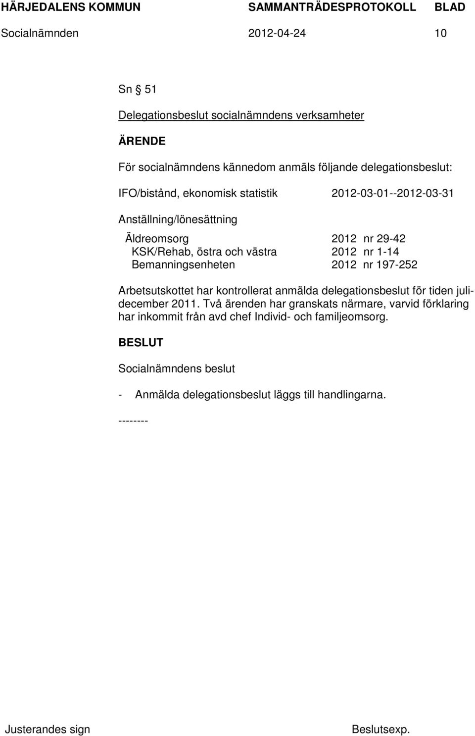 1-14 Bemanningsenheten 2012 nr 197-252 Arbetsutskottet har kontrollerat anmälda delegationsbeslut för tiden julidecember 2011.