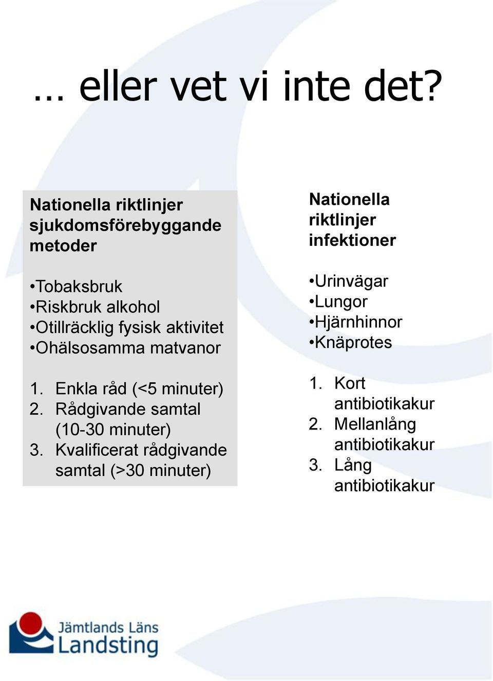 aktivitet Ohälsosamma matvanor 1. Enkla råd (<5 minuter) 2. Rådgivande samtal (10-30 minuter) 3.