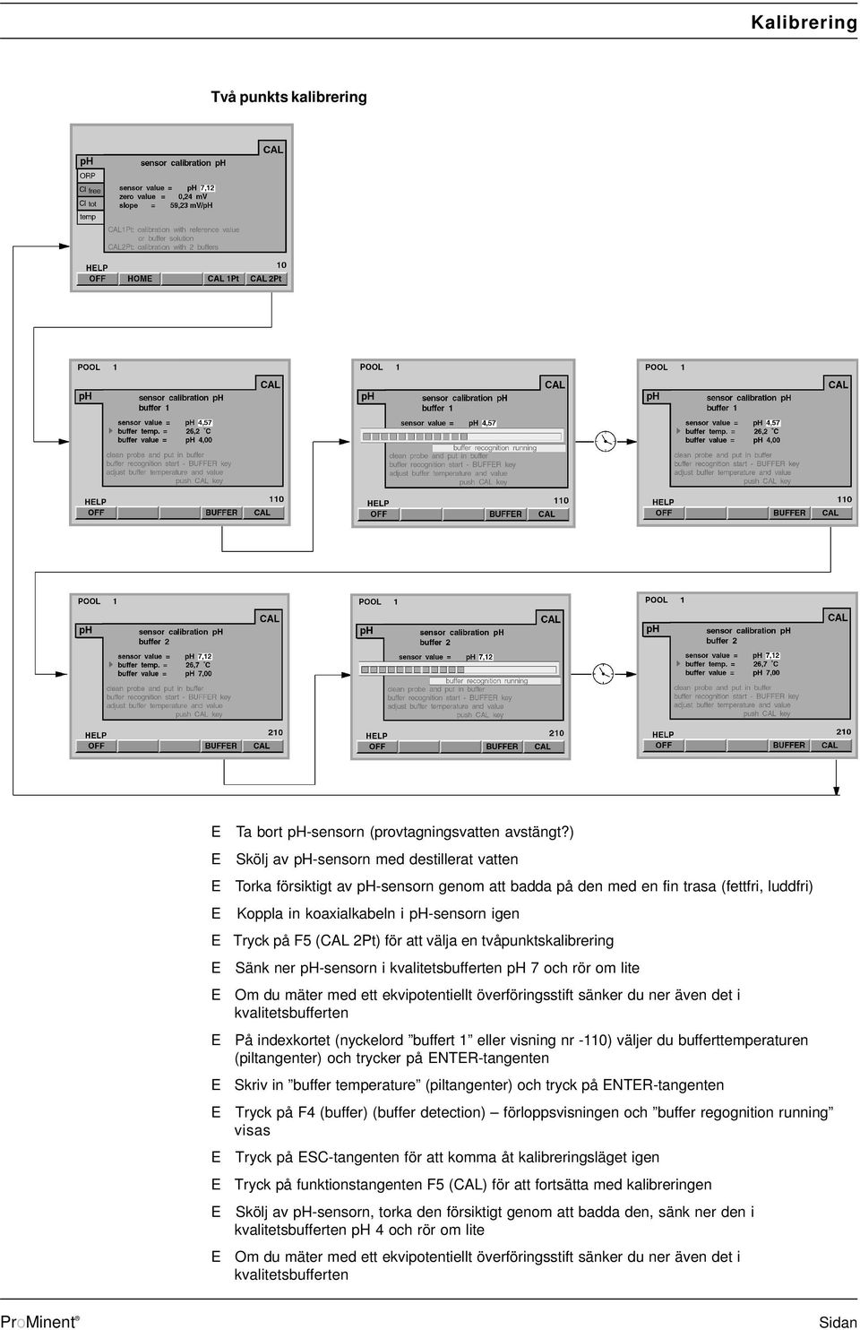 (CAL 2Pt) för att välja en tvåpunktskalibrering E Sänk ner ph-sensorn i kvalitetsbufferten ph 7 och rör om lite E Om du mäter med ett ekvipotentiellt överföringsstift sänker du ner även det i