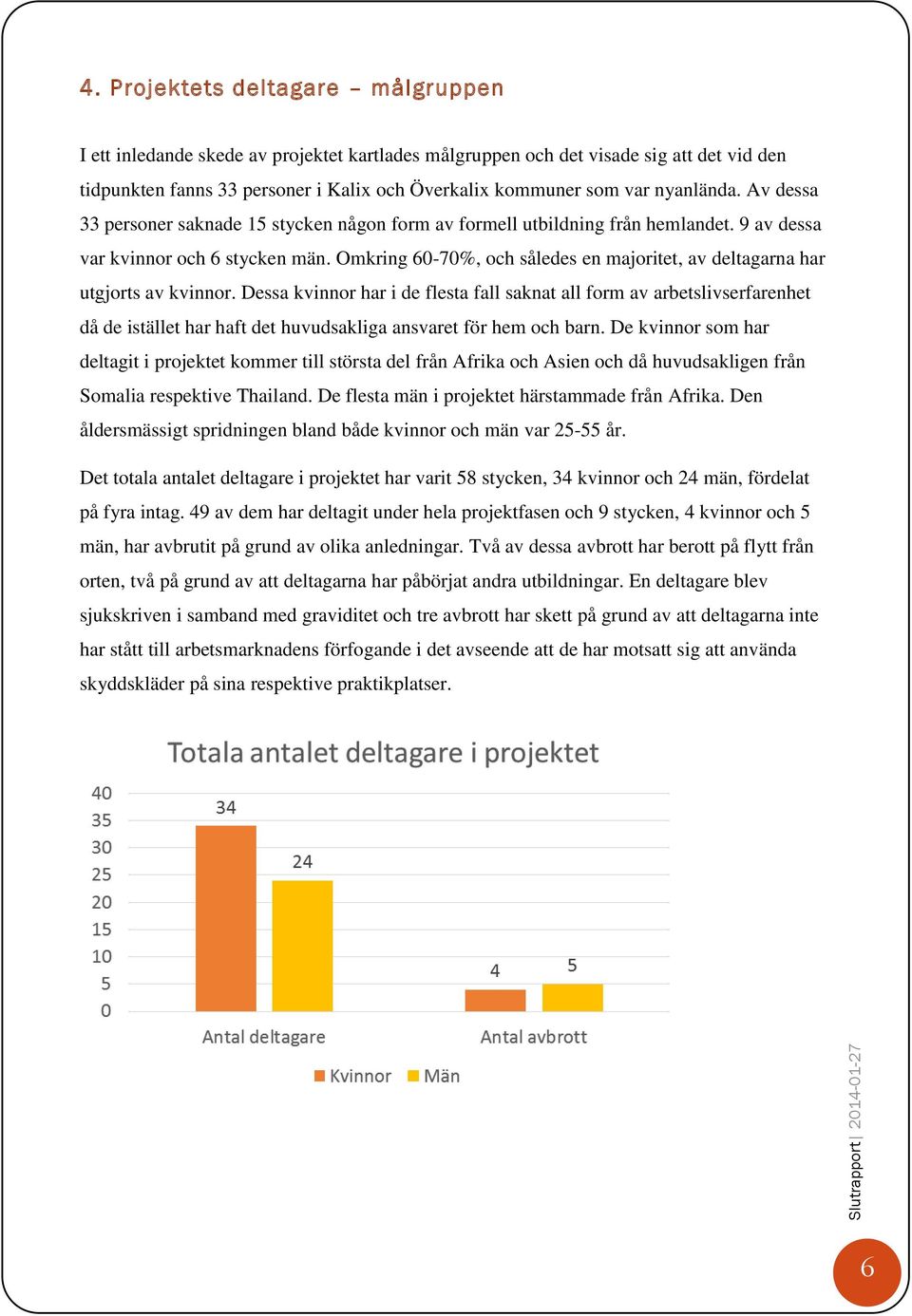 Omkring 60-70%, och således en majoritet, av deltagarna har utgjorts av kvinnor.