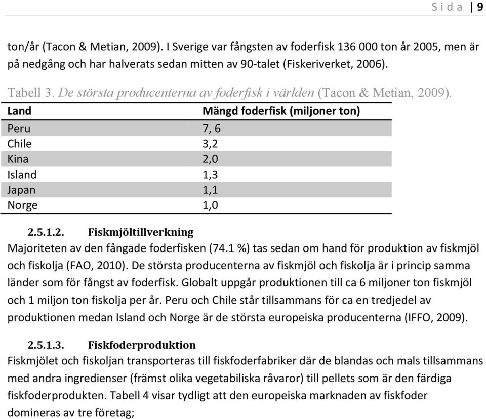 1 %) tas sedan om hand för produktion av fiskmjöl och fiskolja (FAO, 2010). De största producenterna av fiskmjöl och fiskolja är i princip samma länder som för fångst av foderfisk.