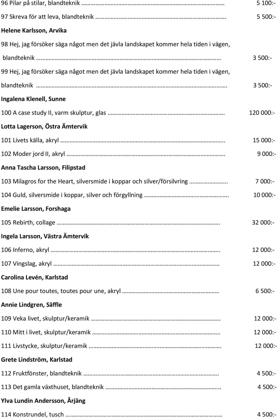 hela tiden i vägen, blandteknik. 3 500:- Ingalena Klenell, Sunne 100 A case study II, varm skulptur, glas. 120 000:- Lotta Lagerson, Östra Ämtervik 101 Livets källa, akryl.