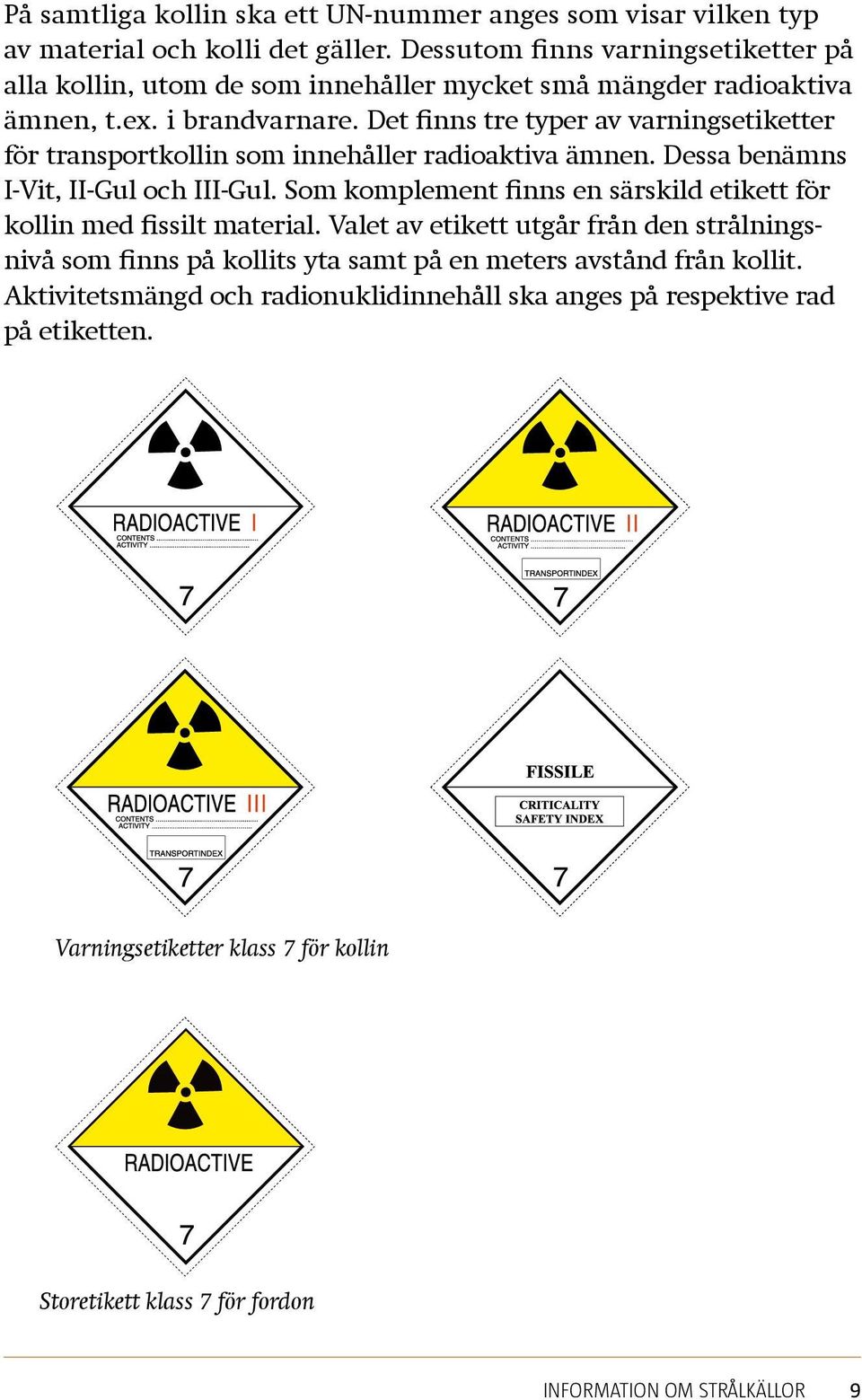 Det finns tre typer av varningsetiketter för transportkollin som innehåller radioaktiva ämnen. Dessa benämns I-Vit, II-Gul och III-Gul.