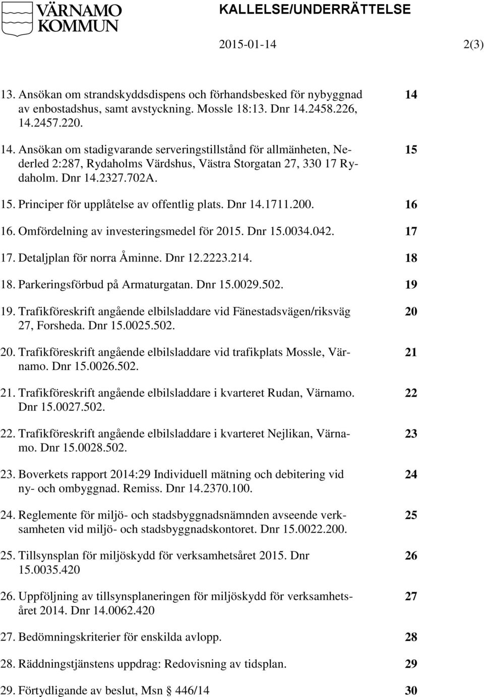 Principer för upplåtelse av offentlig plats. Dnr 14.1711.200. 16 16. Omfördelning av investeringsmedel för 2015. Dnr 15.0034.042. 17 17. Detaljplan för norra Åminne. Dnr 12.2223.214. 18 18.