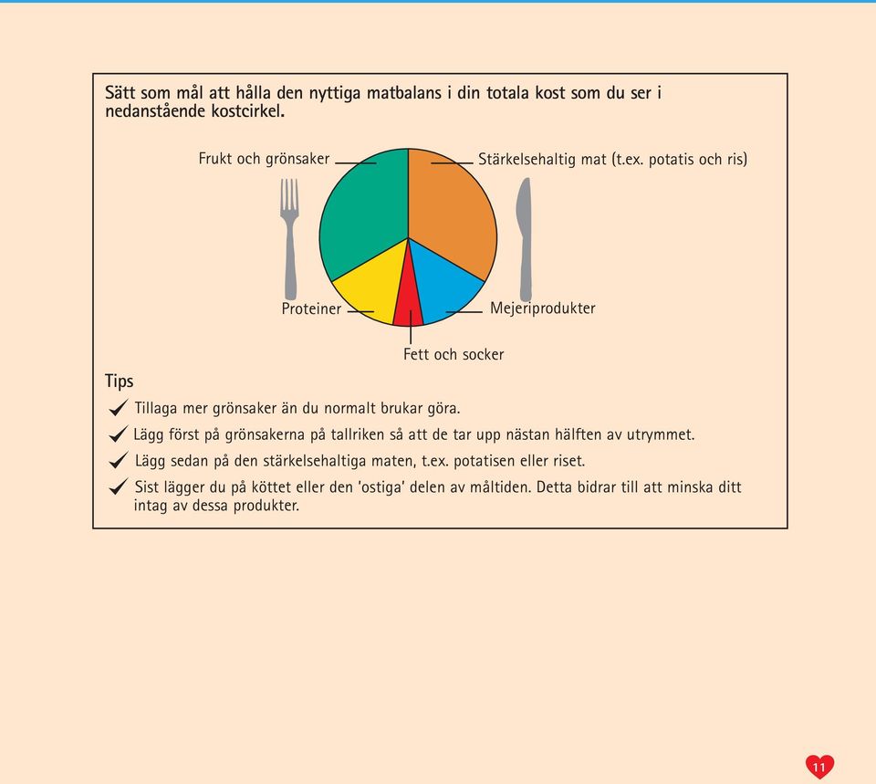 potatis och ris) Proteiner Mejeriprodukter Tips Fett och socker Tillaga mer grönsaker än du normalt brukar göra.