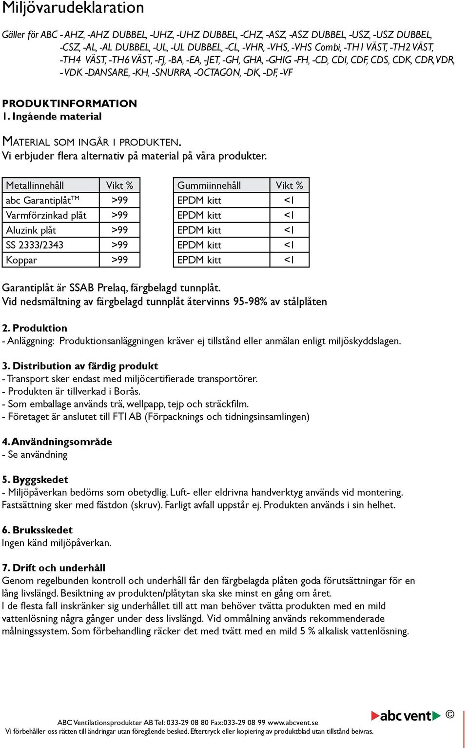 Ingående material Material som ingår i produkten. Vi erbjuder flera alternativ på material på våra produkter.