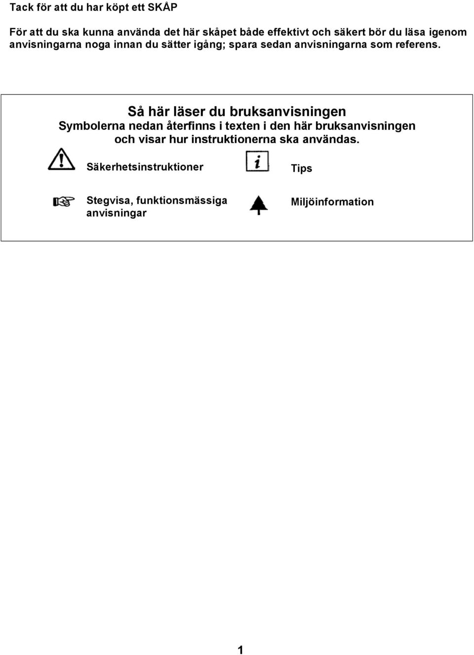 Så här läser du bruksanvisningen Symbolerna nedan återfinns i texten i den här bruksanvisningen och visar