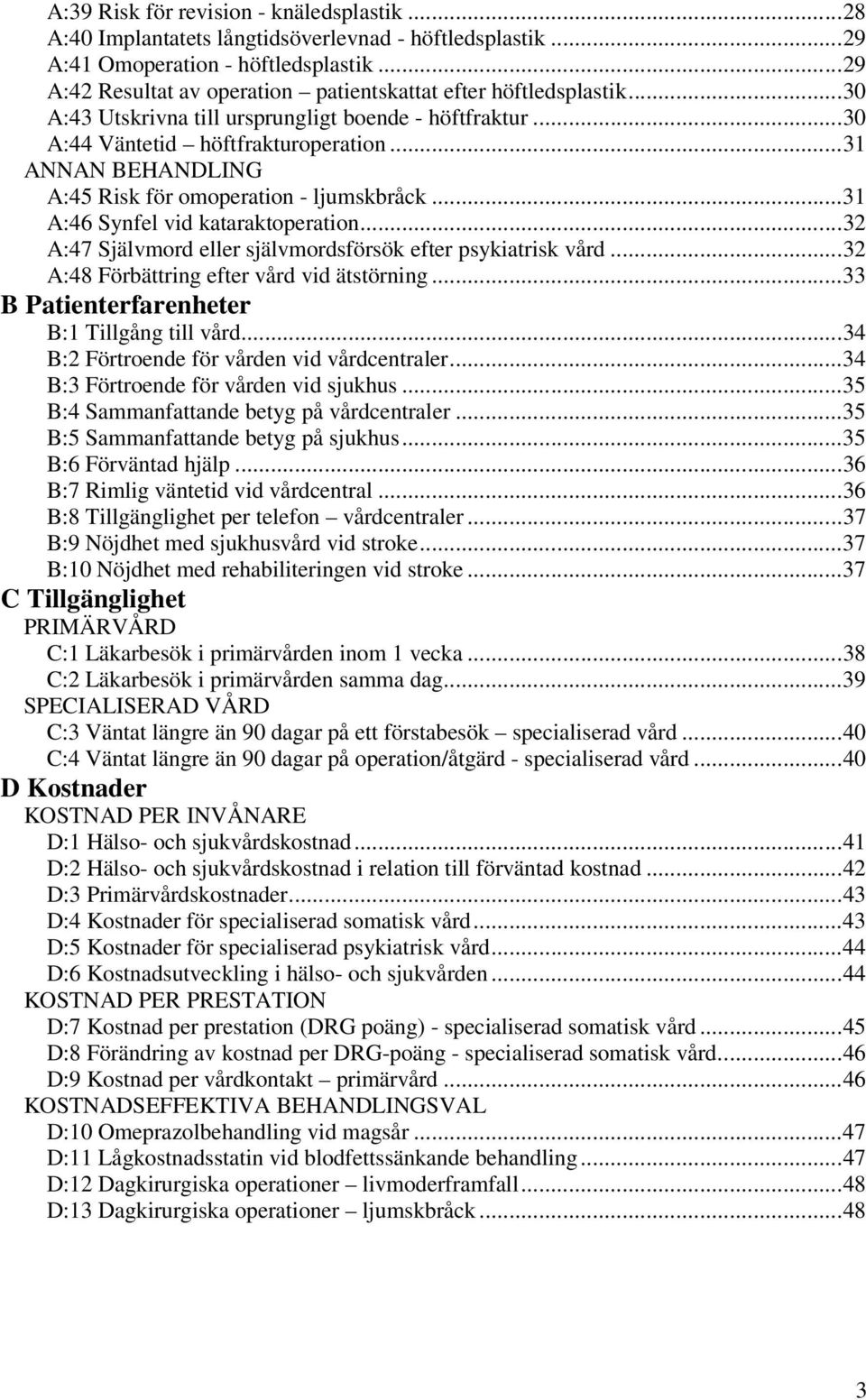 ..31 ANNAN BEHANDLING A:45 Risk för omoperation - ljumskbråck...31 A:46 Synfel vid kataraktoperation...32 A:47 Självmord eller självmordsförsök efter psykiatrisk vård.