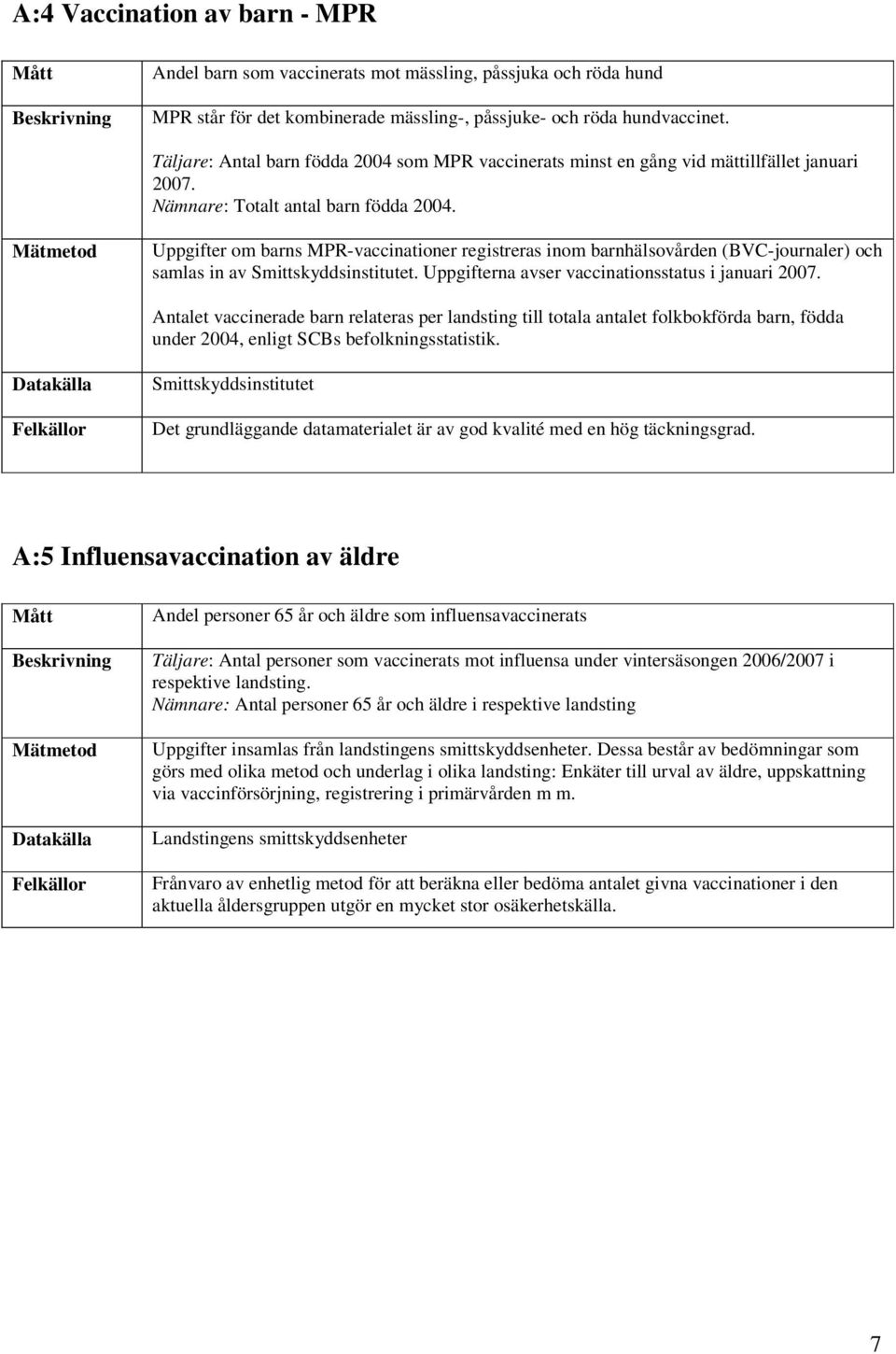 Uppgifter om barns MPR-vaccinationer registreras inom barnhälsovården (BVC-journaler) och samlas in av Smittskyddsinstitutet. Uppgifterna avser vaccinationsstatus i januari 2007.