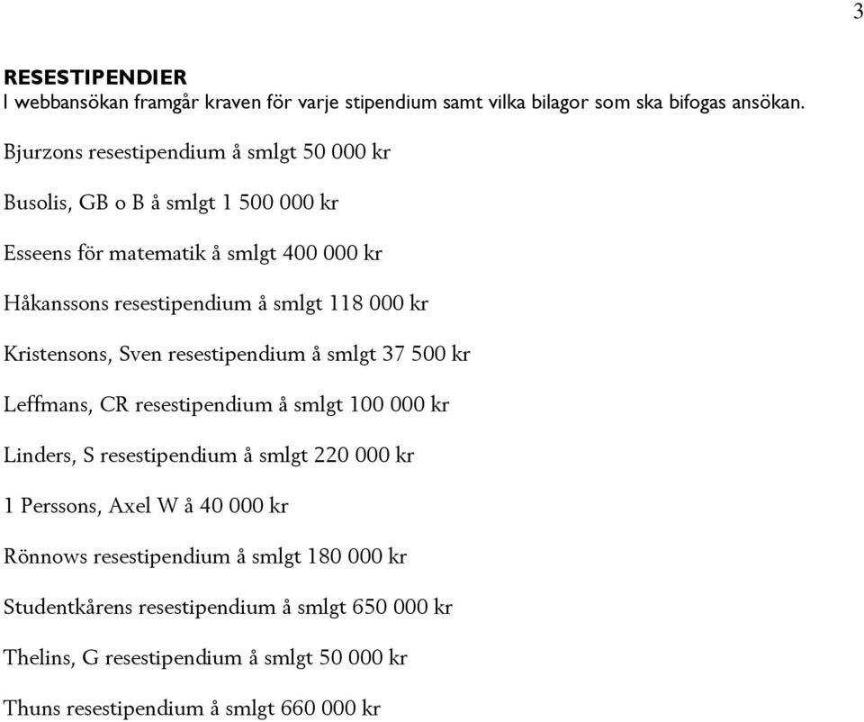 118 000 kr Kristensons, Sven resestipendium å smlgt 37 500 kr Leffmans, CR resestipendium å smlgt 100 000 kr Linders, S resestipendium å smlgt 220 000 kr 1