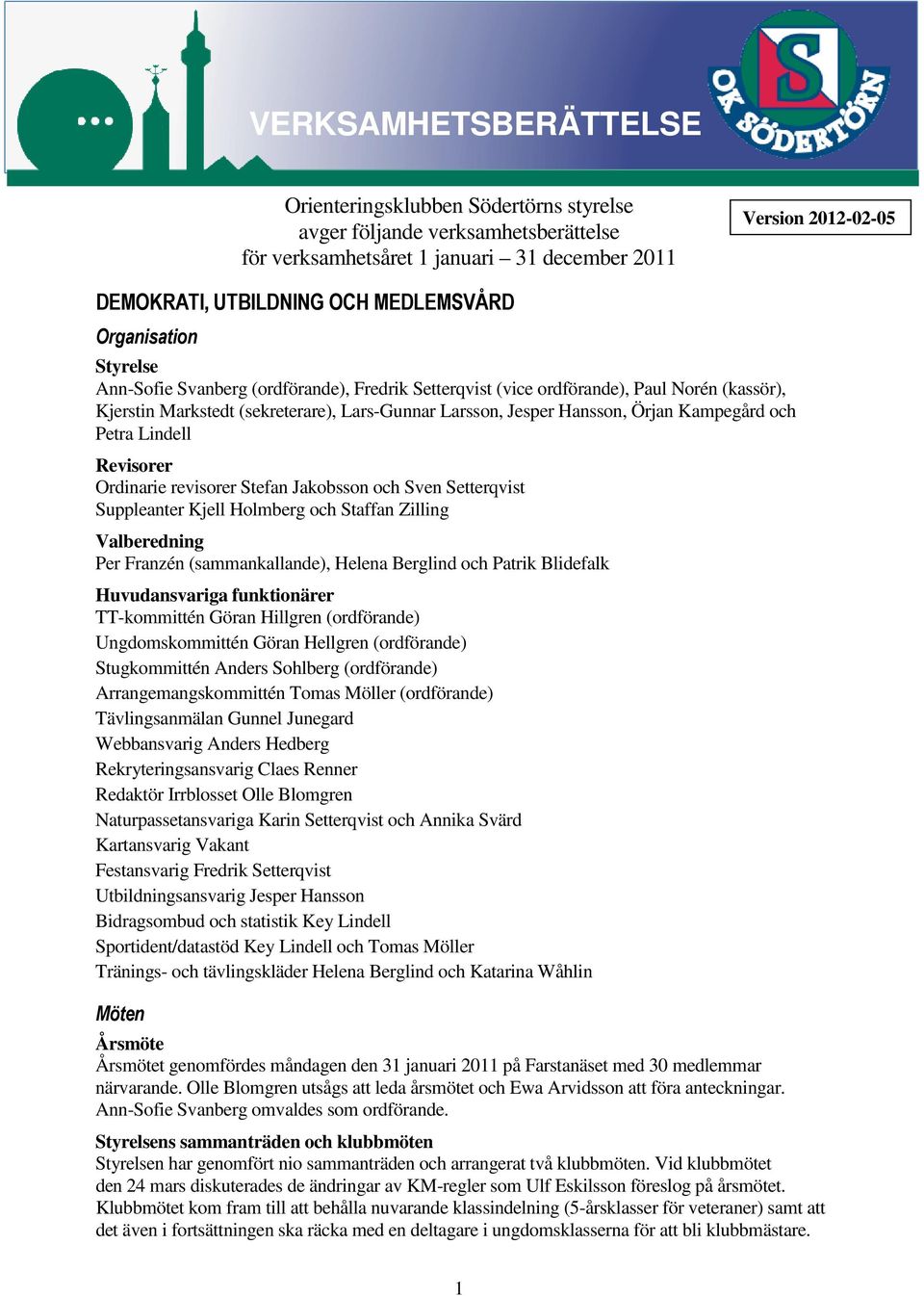 Örjan Kampegård och Petra Lindell Revisorer Ordinarie revisorer Stefan Jakobsson och Sven Setterqvist Suppleanter Kjell Holmberg och Staffan Zilling Valberedning Per Franzén (sammankallande), Helena