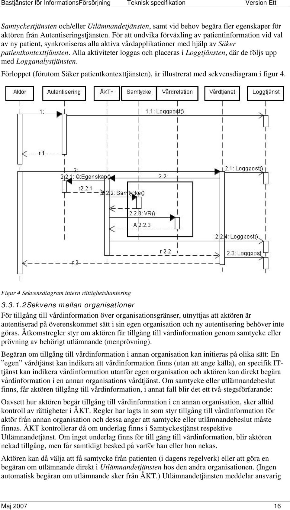 Alla aktiviteter loggas och placeras i Loggtjänsten, där de följs upp med Logganalystjänsten. Förloppet (förutom Säker patientkontexttjänsten), är illustrerat med sekvensdiagram i figur 4.