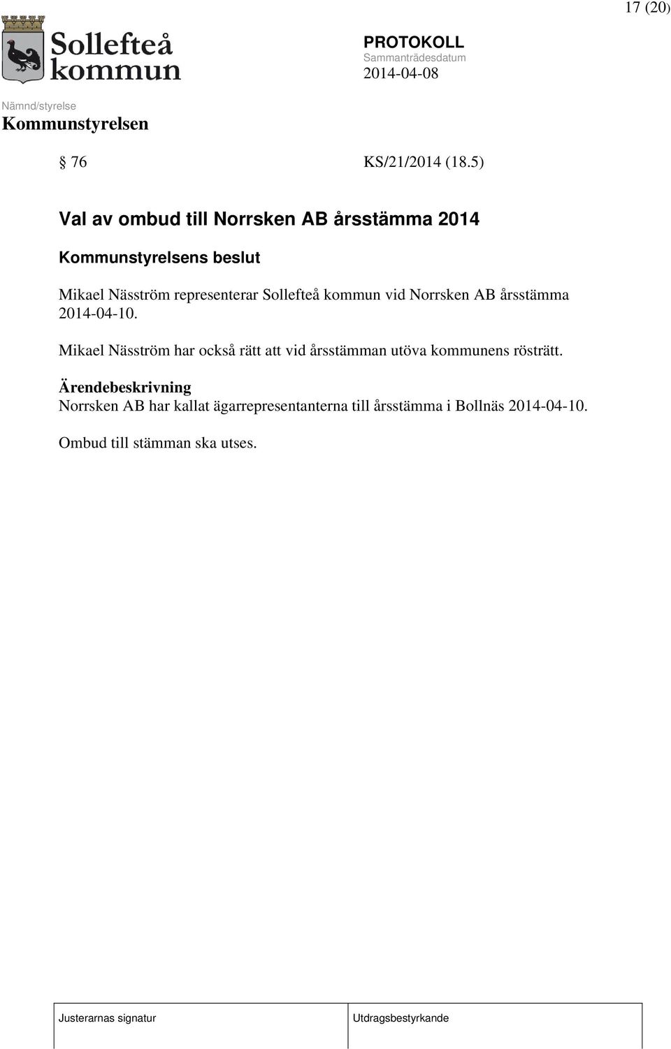 Sollefteå kommun vid Norrsken AB årsstämma 2014-04-10.