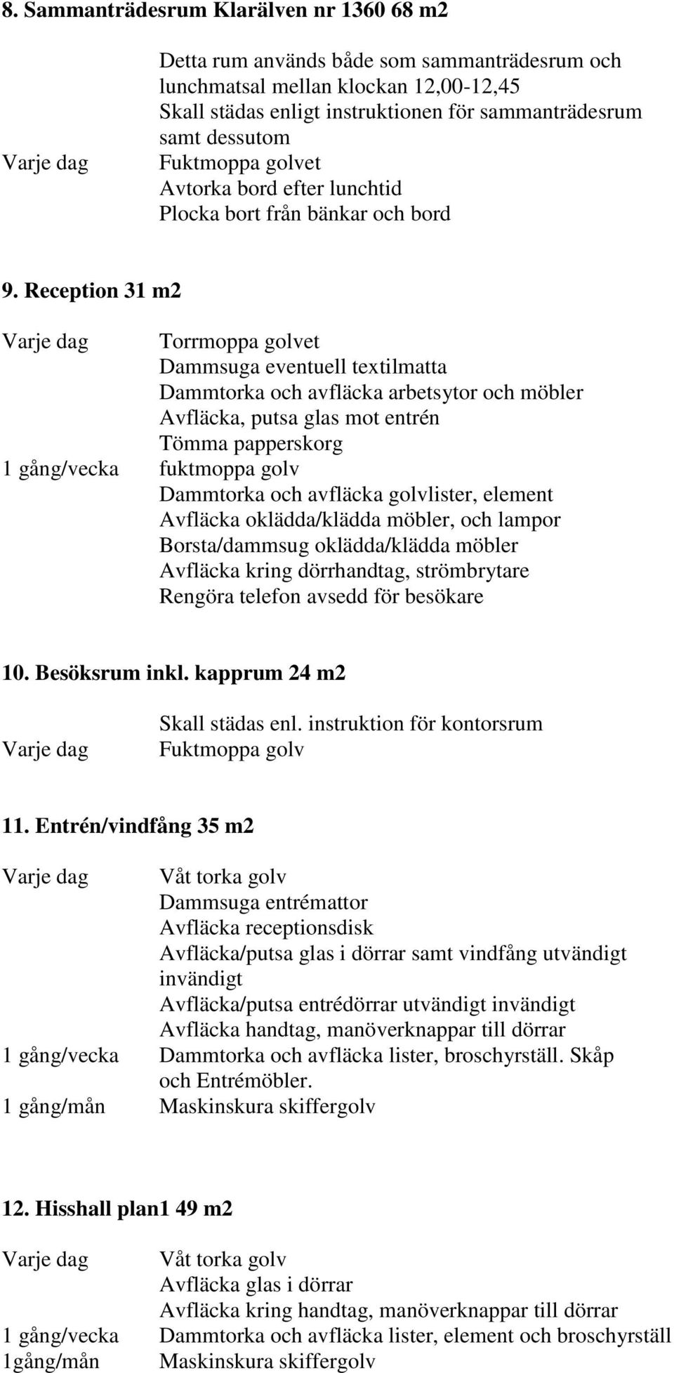 Reception 31 m2 Varje dag Torrmoppa golvet Dammsuga eventuell textilmatta Dammtorka och avfläcka arbetsytor och möbler Avfläcka, putsa glas mot entrén 1 gång/vecka fuktmoppa golv Dammtorka och