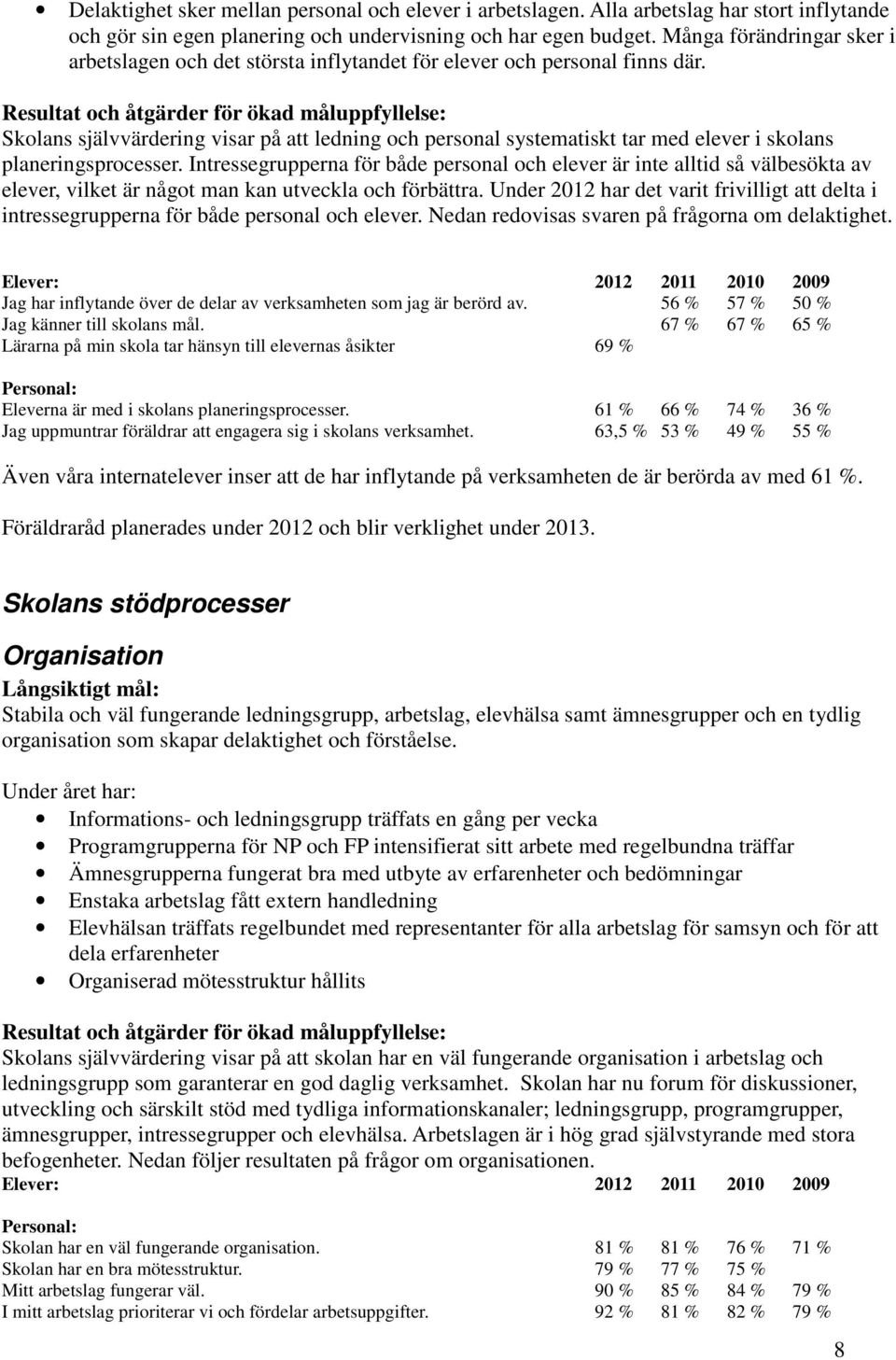 Skolans självvärdering visar på att ledning och personal systematiskt tar med elever i skolans planeringsprocesser.