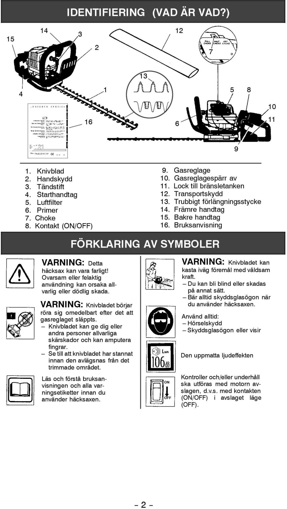 Bruksanvisning FÖRKLARING AV SYMBOLER VARNING: Detta häcksax kan vara farligt! Ovarsam eller felaktig användning kan orsaka allvarlig eller dödlig skada.