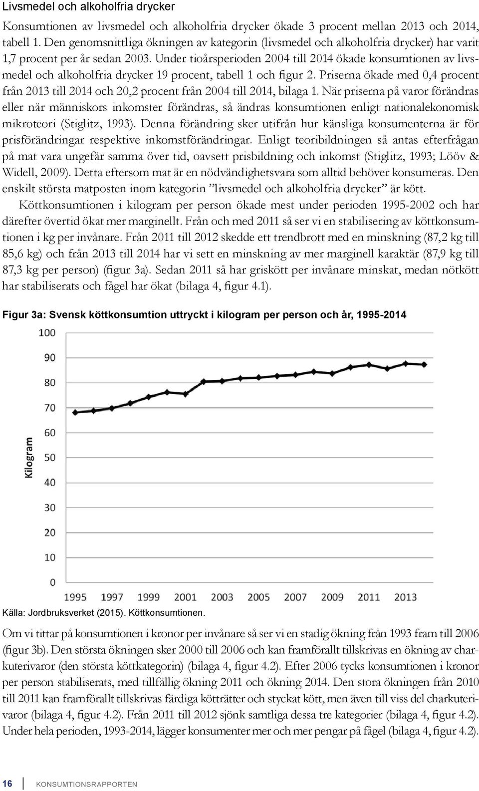 Under tioårsperioden 2004 till 2014 ökade konsumtionen av livsmedel och alkoholfria drycker 19 procent, tabell 1 och figur 2.