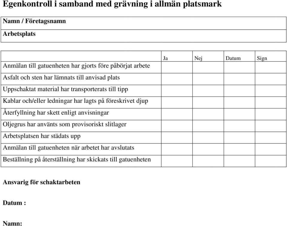 föreskrivet djup Återfyllning har skett enligt anvisningar Oljegrus har använts som provisoriskt slitlager Arbetsplatsen har städats upp Anmälan