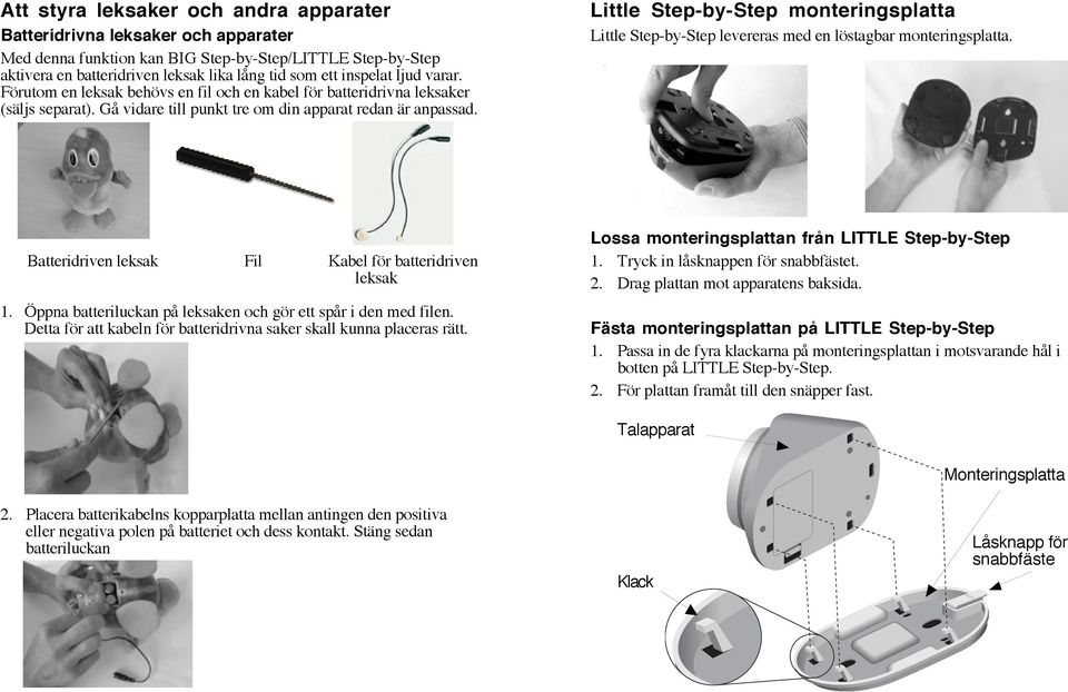 Little Step-by-Step monteringsplatta Little Step-by-Step levereras med en löstagbar monteringsplatta. Batteridriven leksak Fil Kabel för batteridriven leksak 1.