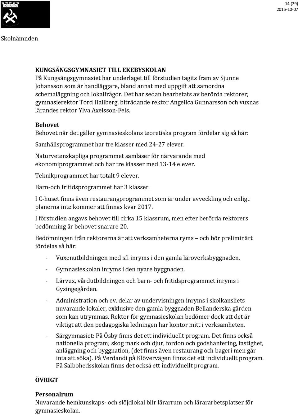 Behovet Behovet när det gäller gymnasieskolans teoretiska program fördelar sig så här: Samhällsprogrammet har tre klasser med 24-27 elever.