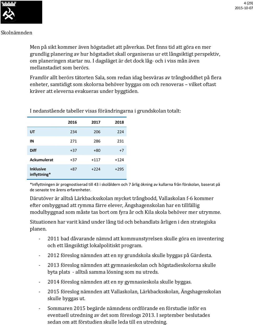 Framför allt berörs tätorten Sala, som redan idag besväras av trångboddhet på flera enheter, samtidigt som skolorna behöver byggas om och renoveras vilket oftast kräver att eleverna evakueras under