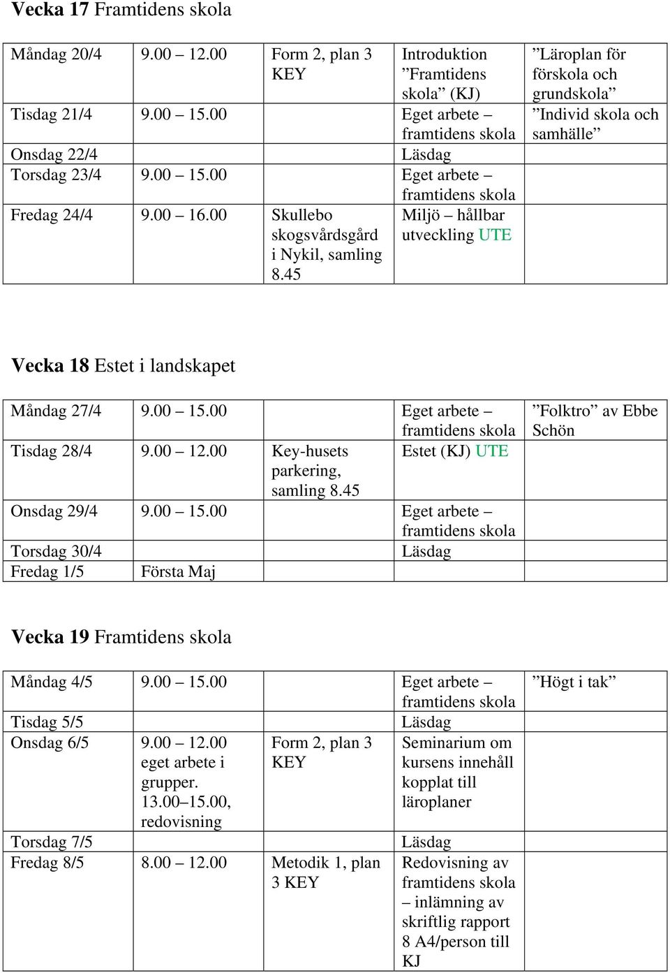 00 Eget arbete Tisdag 28/4 9.00 12.00 Key-husets Estet (KJ) Onsdag 29/4 9.00 15.00 Eget arbete Torsdag 30/4 Fredag 1/5 Första Maj Folktro av Ebbe Schön Vecka 19 Framtidens skola Måndag 4/5 9.00 15.00 Eget arbete Tisdag 5/5 Onsdag 6/5 9.