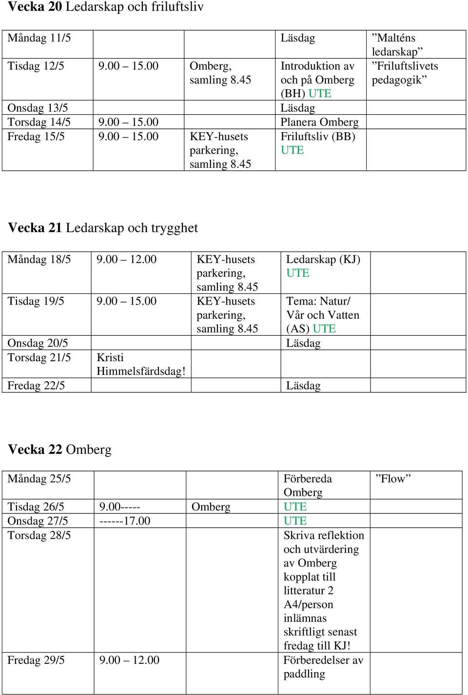 Ledarskap (KJ) Tema: Natur/ Vår och Vatten (AS) Vecka 22 Omberg Måndag 25/5 Förbereda Omberg Tisdag 26/5 9.00----- Omberg Onsdag 27/5 ------17.