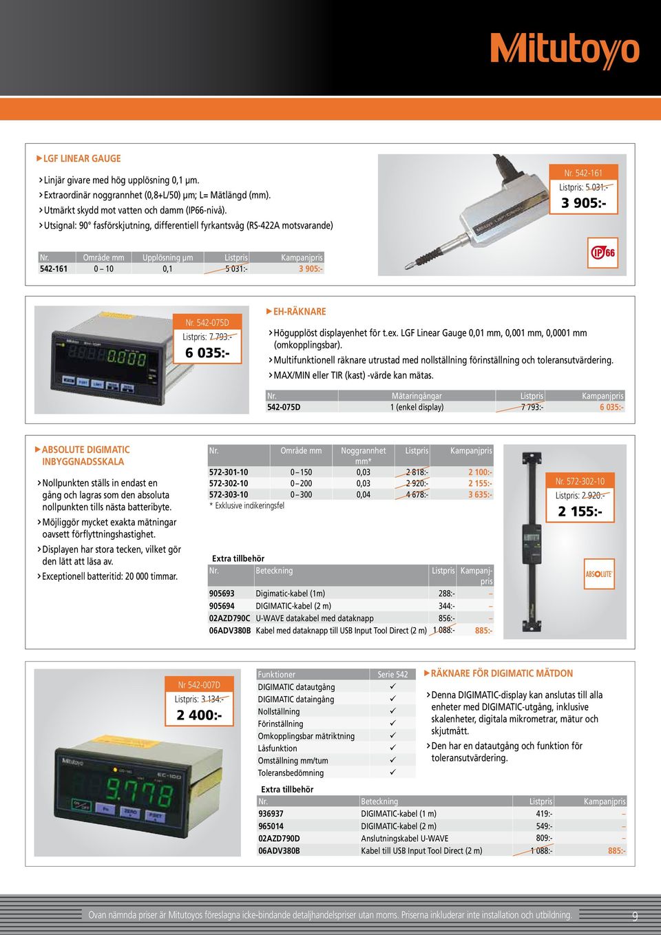 Område mm Upplösning µm Listpris Kampanjpris 542-161 0 10 0,1 5 031:- 3 905:- Nr. 542-075D Listpris: 7 793:- 6 035:- EH-RÄKNARE Högupplöst displayenhet för t.ex.