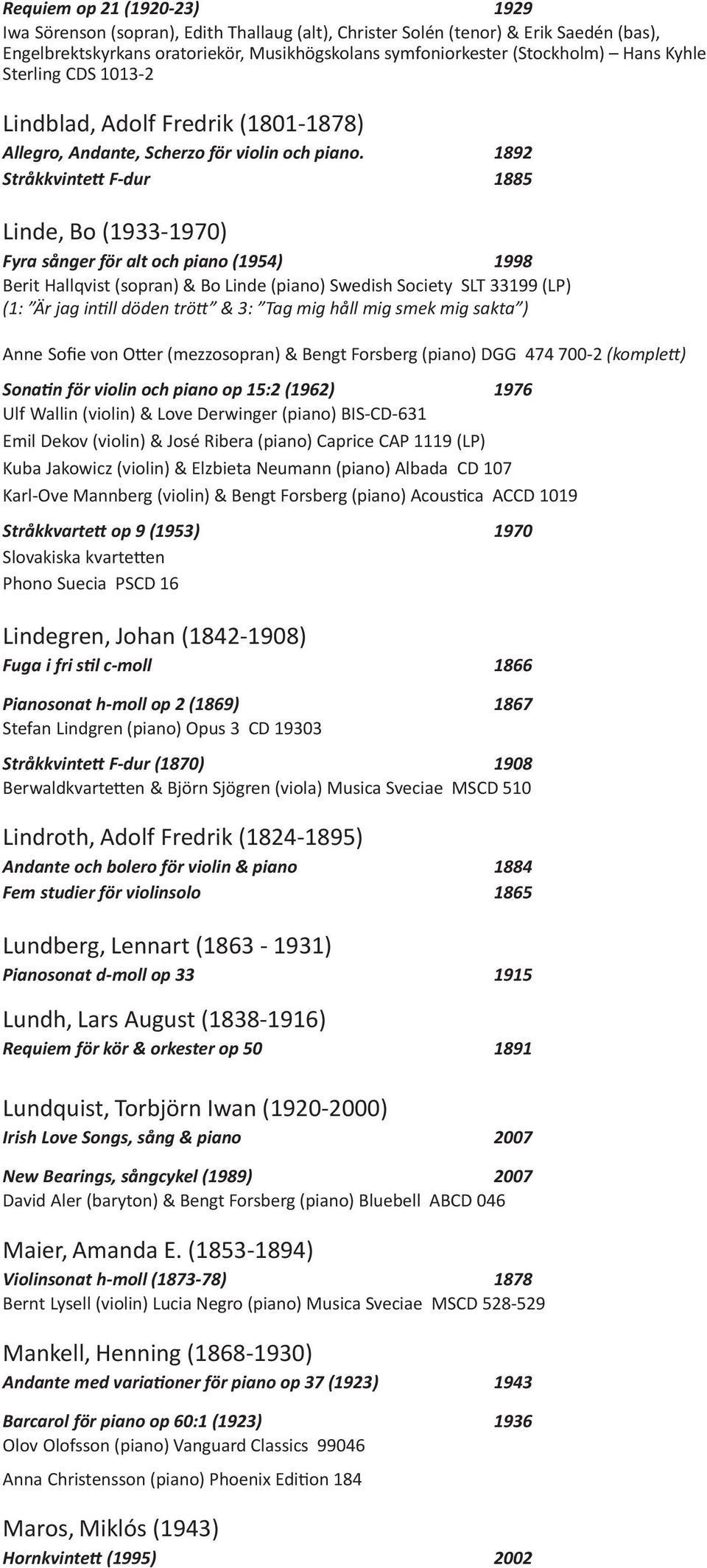 1892 Stråkkvintett F dur 1885 Linde, Bo (1933 1970) Fyra sånger för alt och piano (1954) 1998 Berit Hallqvist (sopran) & Bo Linde (piano) Swedish Society SLT 33199 (LP) (1: Är jag intill döden trött