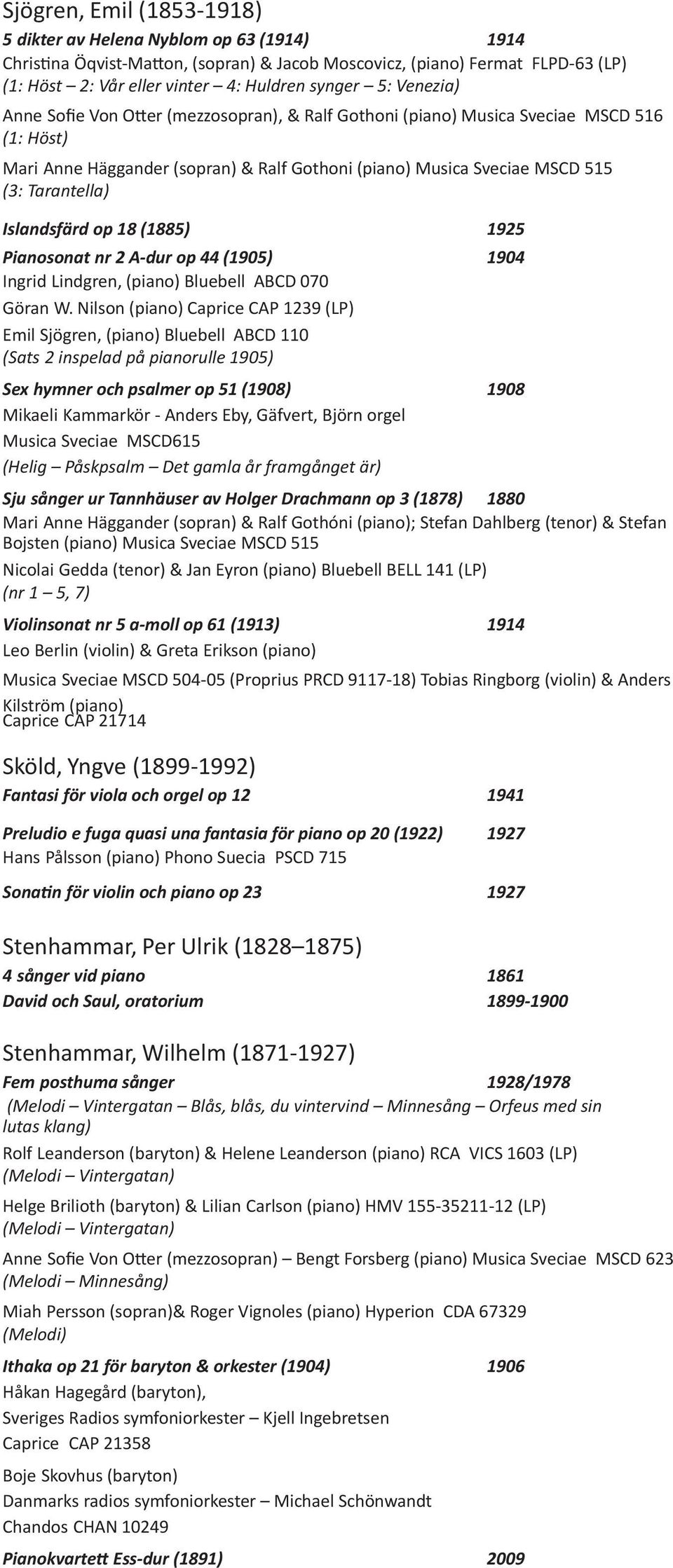 Islandsfärd op 18 (1885) 1925 Pianosonat nr 2 A dur op 44 (1905) 1904 Ingrid Lindgren, (piano) Bluebell ABCD 070 Göran W.