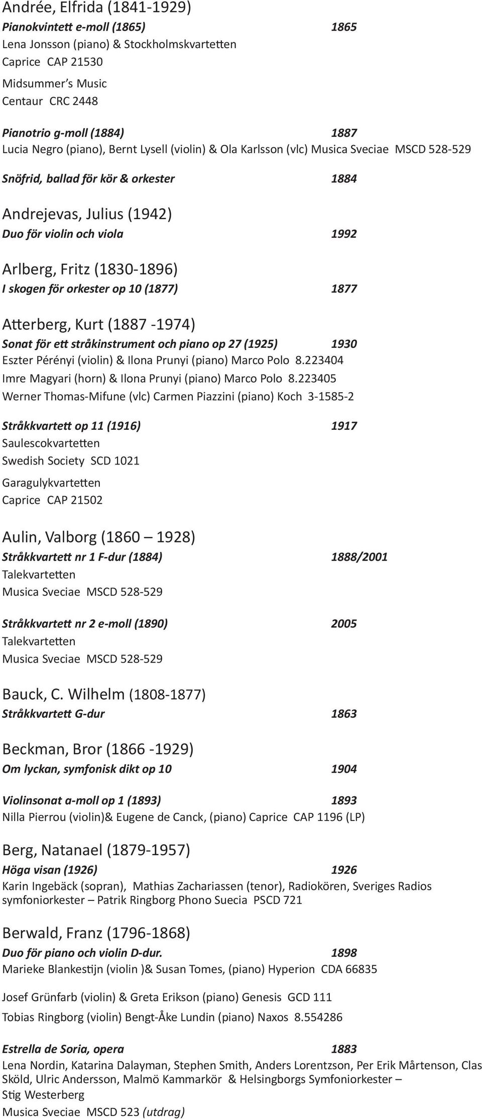 1896) I skogen för orkester op 10 (1877) 1877 Atterberg, Kurt (1887 1974) Sonat för ett stråkinstrument och piano op 27 (1925) 1930 Eszter Pérényi (violin) & Ilona Prunyi (piano) Marco Polo 8.