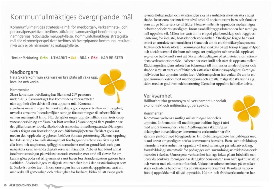 Teckenförklaring: Grön -UTMÄRKT Gul - BRA Röd - HAR BRISTER Medborgare Hela Skara kommun ska vara en bra plats att växa upp, leva, bo och verka i.